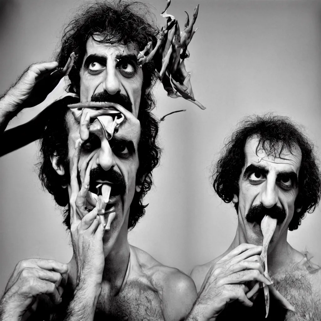 Image similar to award winning photo of frank zappa eating himself, vivid colors, happy, symmetrical face, beautiful eyes, studio lighting, wide shot art by Sally Mann & Arnold Newman