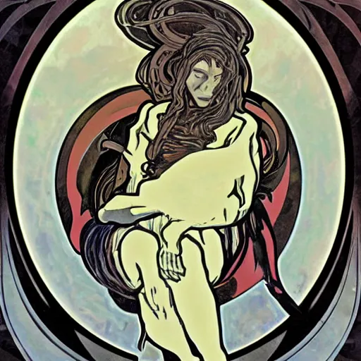 Image similar to xenomorph portrait in the style of alphonse mucha, inticrate,