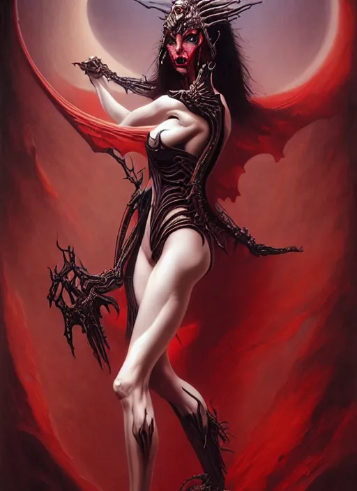 Image similar to masterpiece, vampiric succubus girl concept art, stylized, doom, elegant, imperial, epic, intricate art by artgerm, boris vallejo, h. r. giger, greg rutkowski, josan gonzalez, zdizslaw beksinski, biomechanical, crimson darkness, hellscape, art nouveau