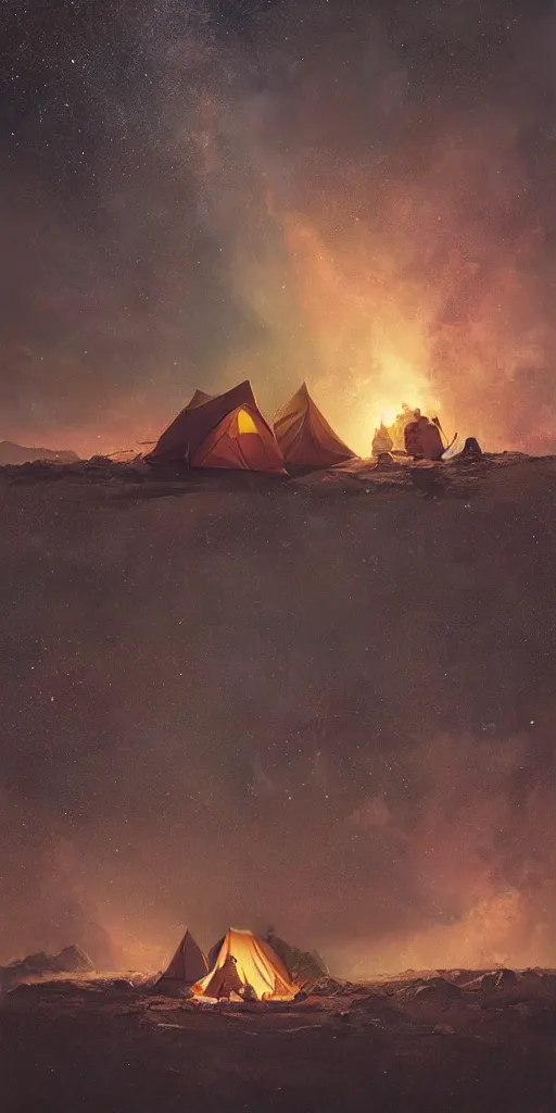 Image similar to symmetry!! they are tent camping by the campfire under a sky full of stars, surreal landscape, golden hour, very detailed, perfect composition, perfect lighting, 4 k, trending on artstation, greg rutkowski, derek zabrocki, artgerm, chuck close, ruan jia