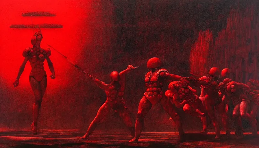 Image similar to only with red, a lightly armored gladiator in a crowded roman amphitheatre, crowd cheering, in the style of beksinski and edward hopper and rodcenko and yue minjun and artgerm, intricate and epic composition, red by caravaggio, highly detailed, masterpiece, red light, artstation