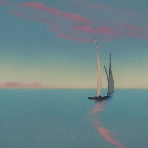 Image similar to etching peaceful by makoto shinkai, by donna huanca. a beautiful drawing of a sailboat sailing on a sea of clouds, with a rainbow in the background. the sailboat is crewed by a group of monkeys, & the sails are billowing in the wind.