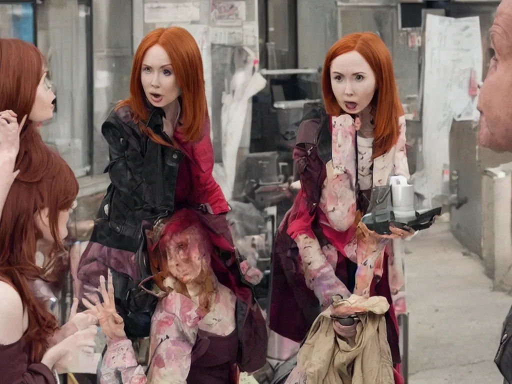 Image similar to realistic tabloid photo of Karen Gillan trying to explain she's not Unbreakable Kimmy Schmidt