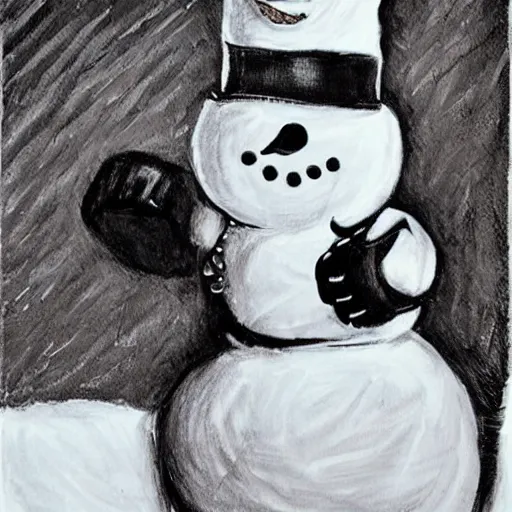 Image similar to a snowman doing boxing versus john cena, realistic, black and white