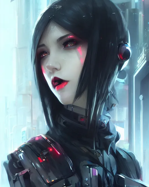 Image similar to beautiful female vampire, cyberpunk streetwear, cybernetic features, detailed portrait, cell shaded, 4 k, vivid colours, concept art by wlop, ilya kuvshinov, artgerm, krenz cushart, greg rutkowski, pixiv. cinematic dramatic atmosphere, sharp focus, volumetric lighting, cinematic lighting, studio quality