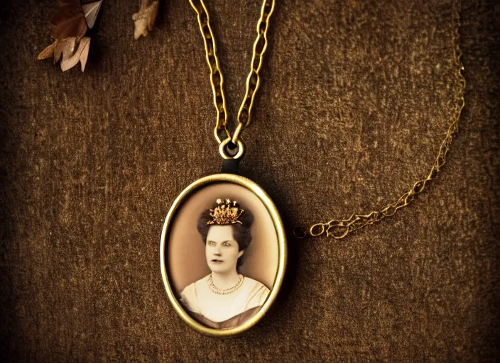 Image similar to sepia photo of a golden necklace with a hanging tiny open oval rusty golden locket pendant with a retro photo of an elegant and aesthetic woman royalty portrait, on a forest background with bokeh. Retro. Antique. High quality 8k. Intricate. Graflex camera 35mm. Award winning