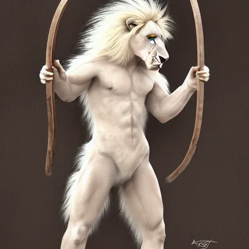 Image similar to an albino anthro lion holding a bow,dressed in leather armor,art by artgerm,photorealistic,highly detailed,8k,artstation,deviantart,detailed face
