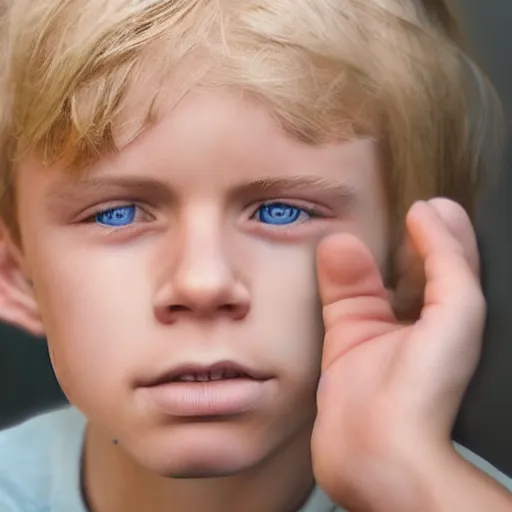 Image similar to portrait of a boy with his right hand on his face, extremely realistic and real, photorealistic, blonde hair and blue eyes, detailed facial structure, real eyes that are detailed,