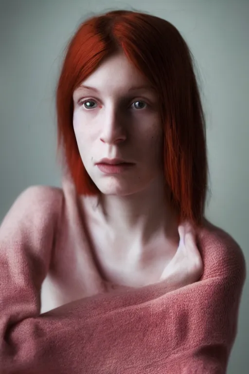 Image similar to face portrait, white woman, 22 years old, thin, center parting straight red hair, snub nose, small lips, in the morning, ambient light, by Annie Leibovitz, f/1.4