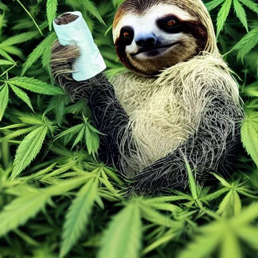 Image similar to a super chill sloth smoking a joint in a field of weed, HD photograph 8K trending on artstation