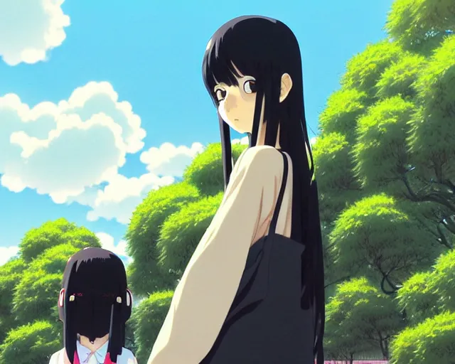 Image similar to beautiful anime girl with long black hair and bangs, beautiful anime guy with black hair, wearing black clothes, siblings, fine details portrait, japense village in background, bokeh. anime masterpiece by Studio Ghibli. illustration, sharp high-quality anime illustration in style of Ghibli, Ilya Kuvshinov, Artgerm