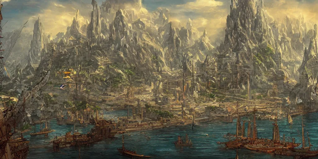 Prompt: Illustration, huge ancient fantasy city on a narrow sky high bridge, ships with sails going under the bridge, really long, all buildings on bridge