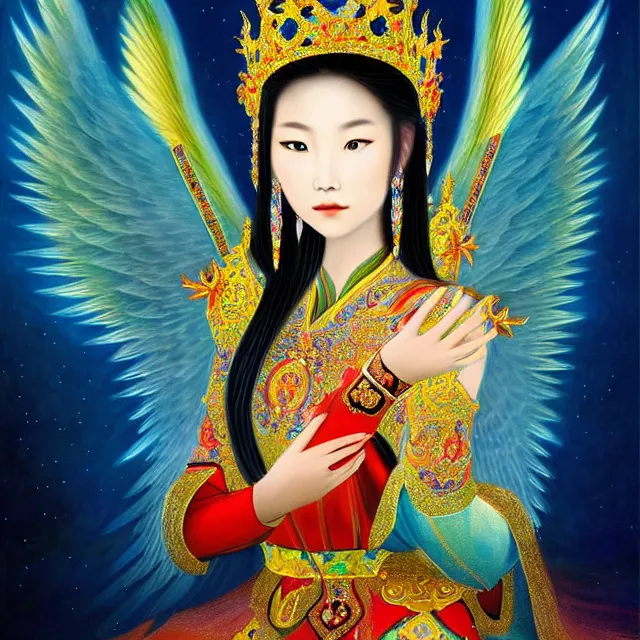 Prompt: beautiful asian mongolian princess goddess with angelic wings in a sensual pose, princess wearing a crown with gemstones, near lake baikal, atmospheric lighting, painted, intricate, volumetric lighting, beautiful, rich deep colours masterpiece, sharp focus, ultra detailed, in the style of bagshaw tom