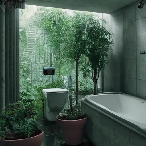 Prompt: a bathroom with a lot of plants inside of it, cyberpunk art by Gregory Crewdson, unsplash, ecological art, reimagined by industrial light and magic, rendered in unreal engine, diorama