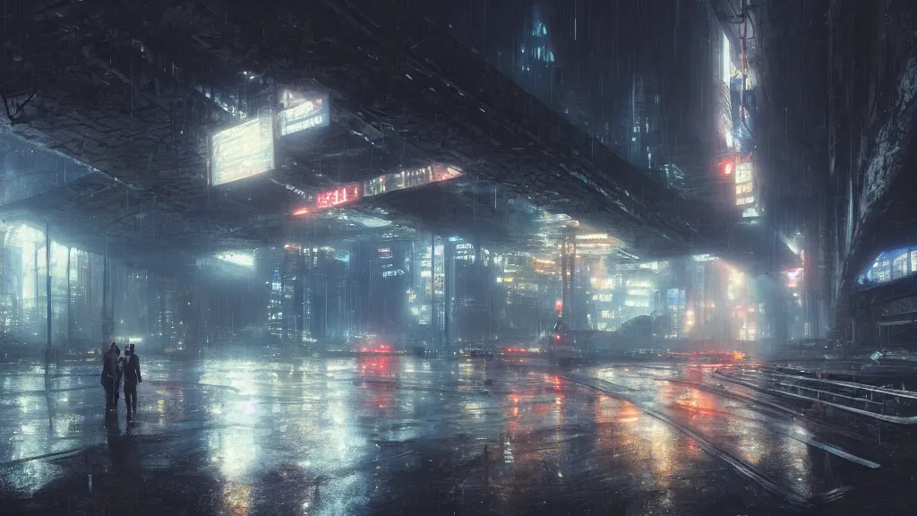 Image similar to under a city highway bridge of a cyberpunk city, rain, night, mist, flying shuttles, advertising pannels, blade runner, rays of light, james gurney, greg rutkowski, unreal engine, artstation