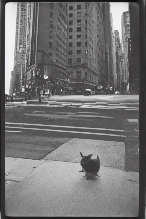 Prompt: photo polaroid of a raichu in the middle of a New York street, loneliness, war, black and white ,photorealistic, 35mm film,