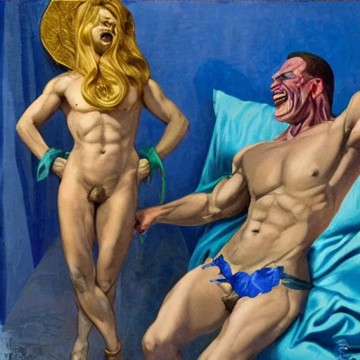 Image similar to photo shot of muscular genie with blue skin covered in oil laughing, posing in bed, morning sunlight, detailed, realistic, in style of j. c. leyendecker