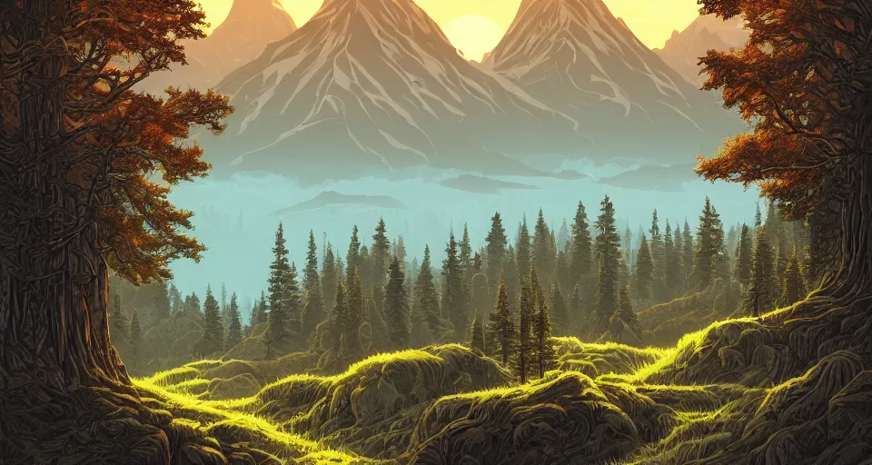 Image similar to a beautiful landscape with trees and mountains, by dan mumford, artstation, behance, highly detailed, concept art, dramatic lighting, magic hour lighting