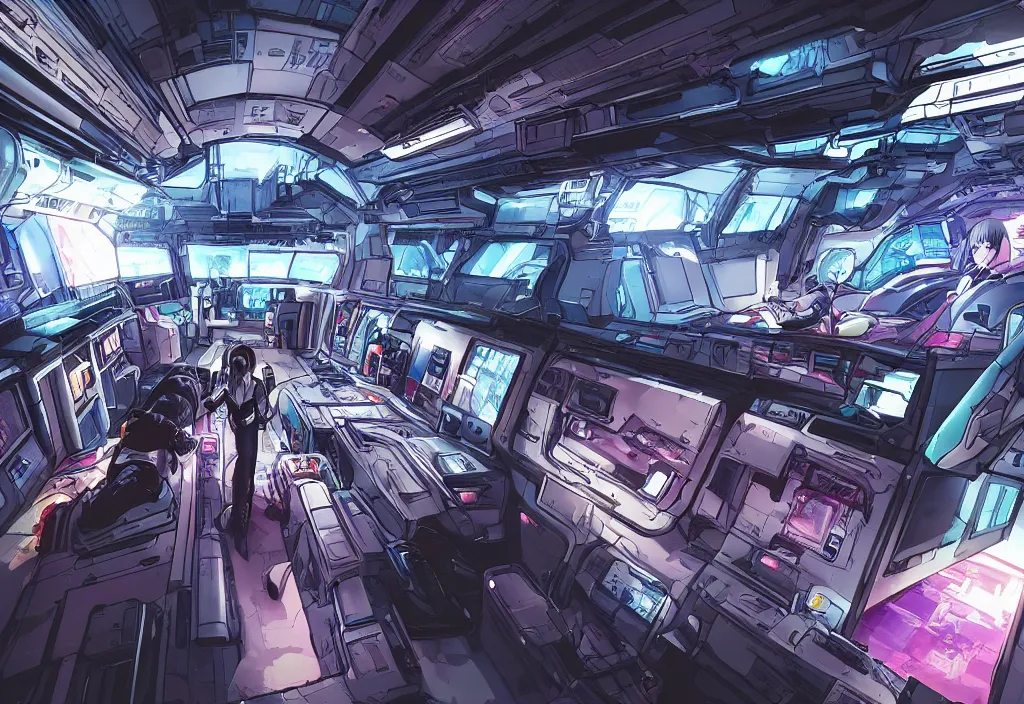 Prompt: large spaceship interior, cyberpunk, anime