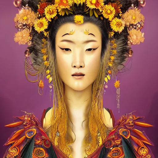 Image similar to Portrait of the Sunflower Goddess, a Chinese female deity that brings joy and light onto the world. Headshot, insanely nice professional hair style, dramatic hair color, digital painting, of a old 17th century, amber jewels, baroque, ornate clothing, scifi, realistic, hyperdetailed, chiaroscuro, concept art, art by Franz Hals and Jon Foster and Ayami Kojima and Amano and Karol Bak,