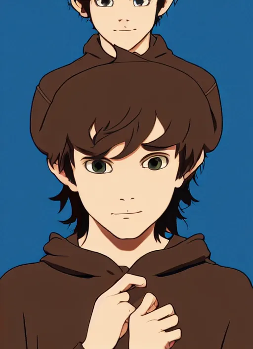 Image similar to teen boy with brown hair and big blue eyes, wearing a black hoodie with cat ears on top of it, natural lighting, path traced, highly detailed, high quality, cartoon, digital painting, by don bluth and ross tran and studio ghibli and alphonse mucha