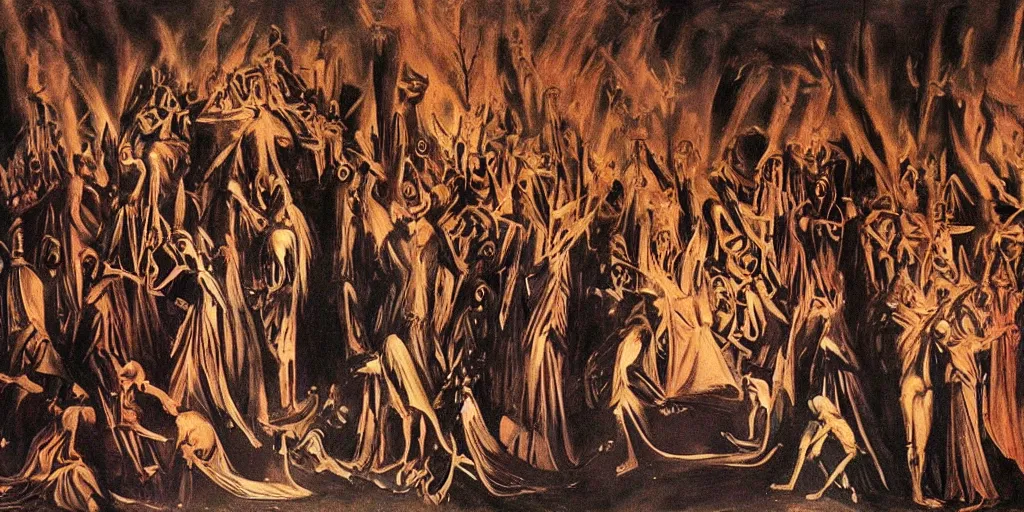 Image similar to dante's inferno painting, with people in black hooded tunic like in the film eyes wide shut of stanley kubrick, illuminati symbol, crows, skeletons, crosses, jesus, dark beauty, rotten gold, perfect faces, extremely detailed, cinema 4 d, unreal engine.