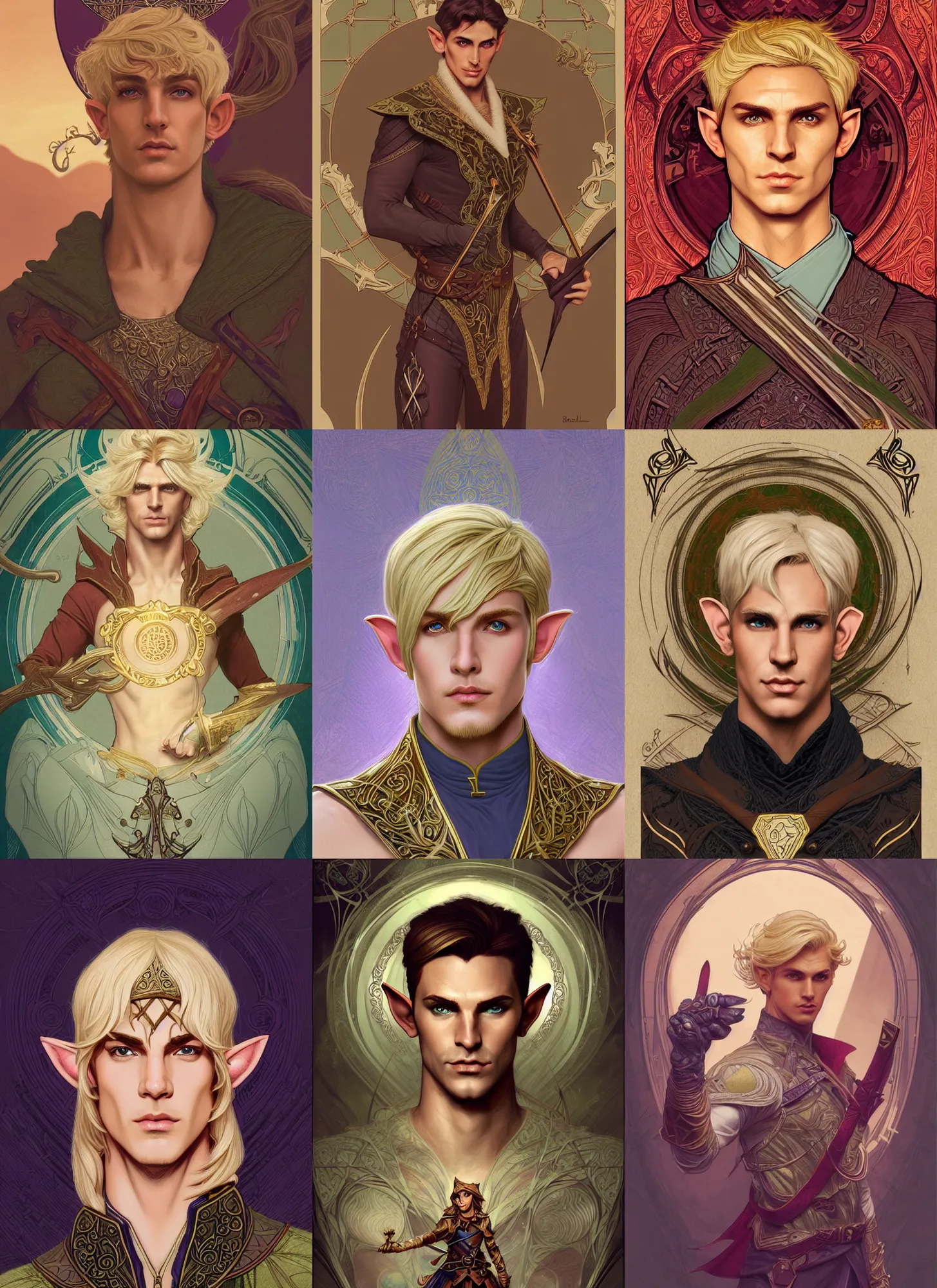 Prompt: centered portrait, male D&D Elf Ranger, blonde hair, Art Nouveau, tarot card background, retro Fantasy hero 1985, intricate, elegant, highly detailed, centered, digital painting, trending on artstation, concept art, smooth, sharp focus, illustration, art by raphael lacoste, eddie mendoza, Mucha, alex ross, WLOP