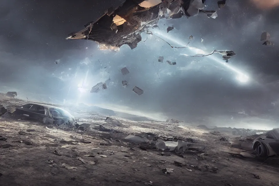 Image similar to broken highway wreckage floating in space, dark cinematic, volumetric, realistic, 3 d render, realistic render, cinematic lighting, volumetric lighting, atmospheric, cinematic, unreal engine 5, unreal engine render, octane render, hd, photorealism, hyper realistic, 8 k