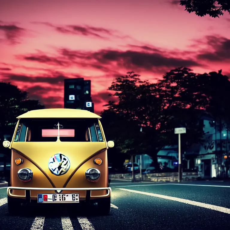 Prompt: close-up-photo VW beech buggy middle of street, sunset kanagawa prefecture, night, cinematic color, photorealistic, highly detailed,