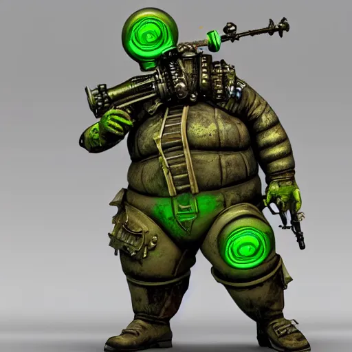 Image similar to highly detailed steampunk morbid obese undead heavy soldier with heavy machine guns, pipes connected to the head, madmax, intricate, rusty, green radioactive glow, toxic waste, 3D render