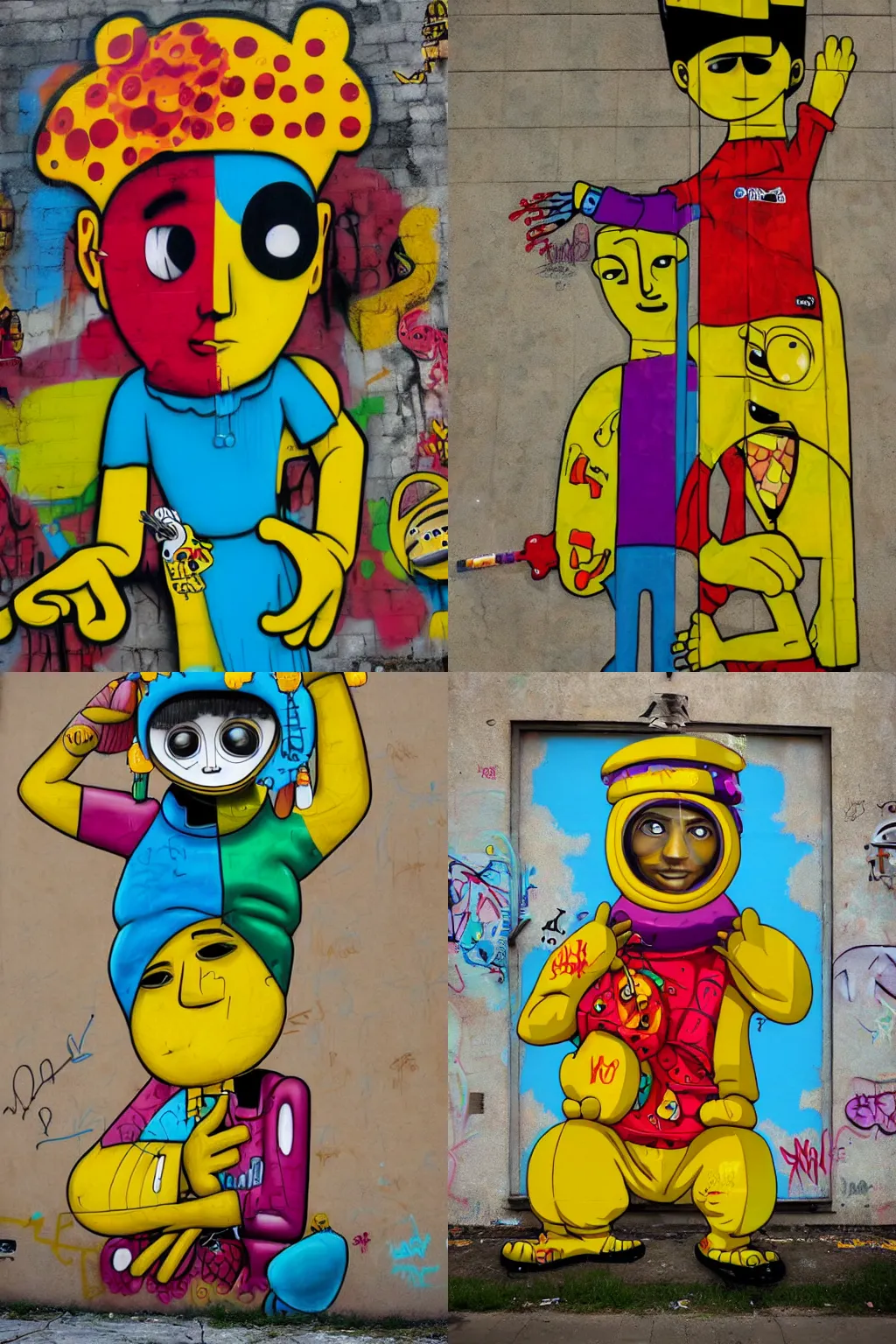 Prompt: a graffiti artist character by os gemeos, street art style, hyperdetailed