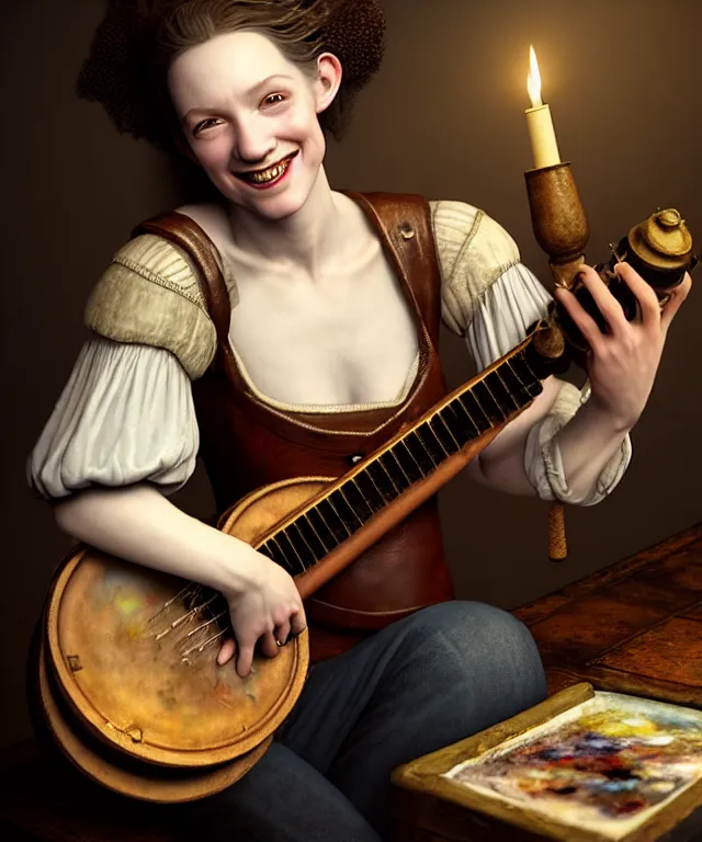 Prompt: hyperrealistic mixed media painting of a young beautiful pale-skinned grinning female bard, dimly lit cozy tavern, leather tunic, confident relaxed pose, dark hair, musical lute in hand, d&d, stunning 3d render inspired art by Tim Okamura and Lise Deharme + perfect facial symmetry + dim volumetric lighting, 8k octane beautifully detailed render, post-processing, extremely hyperdetailed, intricate, epic composition, grim yet sparkling atmosphere, cinematic lighting + masterpiece, trending on artstation, very very detailed, masterpiece, stunning