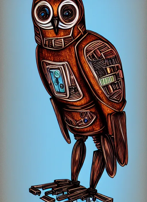 Image similar to colored pencil and pen drawing of an animatronic robot owl, bird made from rusty old keys and padlocks, 4 k photorender realityengine