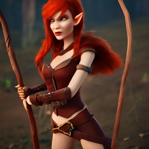 Image similar to beautiful redhead elf, clash royal style characters, unreal engine 5, octane render, detailed, cinematografic, cinema 4 d