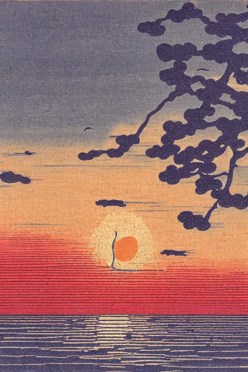 Prompt: sunset over the ocean Japanese woodblock style