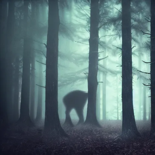 Image similar to a very detailed photograph of a wendigo in a dark foggy forest 4 k, high resolution, still, landscape, hd, dslr, hyper realistic