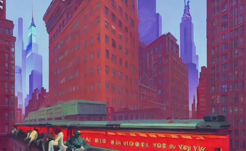 Prompt: A big train moving in the middle of new york city, very coherent, painted by Edward Hopper, Wayne Barlowe, painted by James Gilleard, airbrush, art by JamesJean