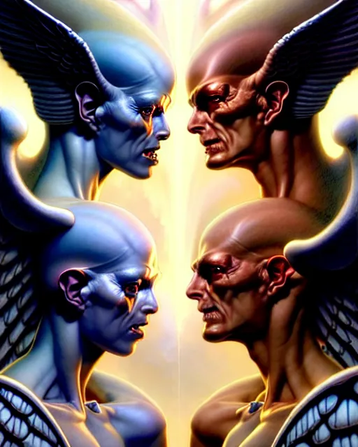 Image similar to a portrait of gemini angel and devil fantasy character portrait facing each other, ultra realistic, wide angle, intricate details, the fifth element artifacts, highly detailed by peter mohrbacher, hajime sorayama, wayne barlowe, boris vallejo, aaron horkey, gaston bussiere, craig mullins