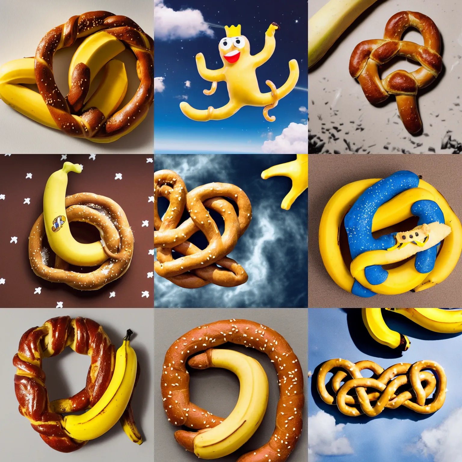 Prompt: a pretzel with a banana hat, floating on a cloud in outer space,