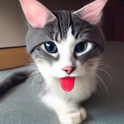 Image similar to cute cat with tongue mlem licking photo wearing wool hat doing mlem cat ears