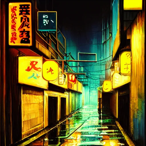 Prompt: a cinematic shot of a Tokyo Alleyway at night, wet street, in the style of blade runner, colorful, neon, trending on artstation, highly detailed oil painting