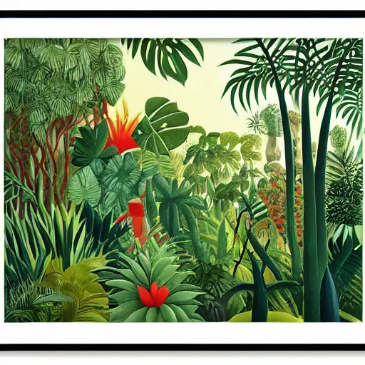 Prompt: a jungle scenery by henri rousseau and james gilleard