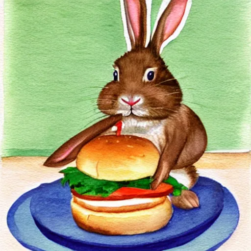 Image similar to a rabbit cooking a cheeseburger inside a small cozy kitchen, watercolour