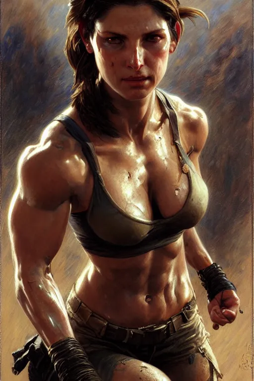 Image similar to muscular sweat jill valentine, covers with mud exhausted face close up, highly detailed painting by gaston bussiere, craig mullins, j. c. leyendecker 8 k