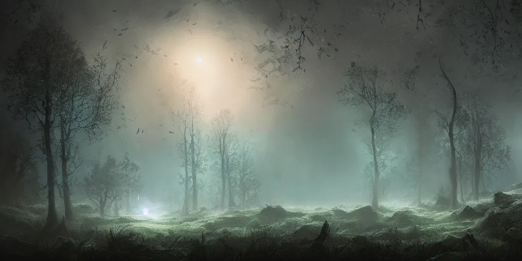 Image similar to beautiful matte painting of a fantasy dark forest at night