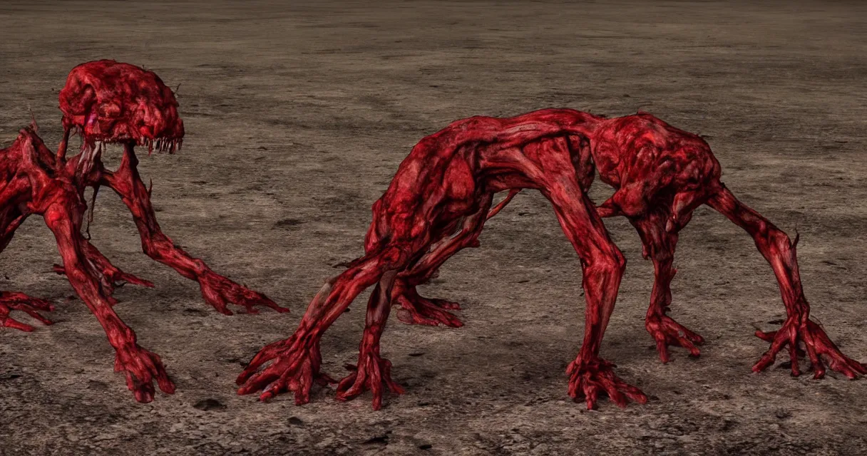 Prompt: in the desert a bloody gross horrifying The Thing creature made of muscle and bone and blood stares at the camera, eating, there is a pool of blood on the ground, it walks on two legs, like a skinwalker, mid day, 35mm photography, realistic,