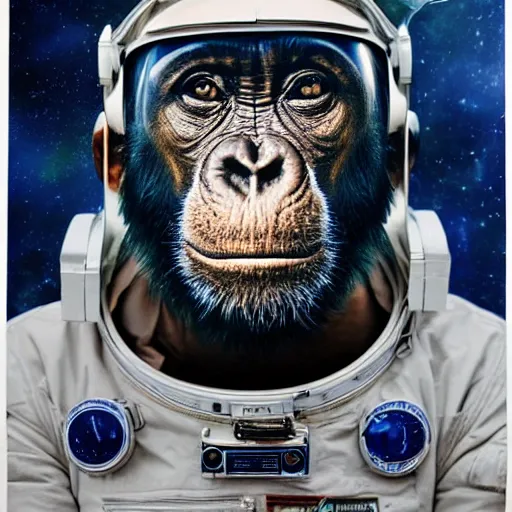 Prompt: double exposure portrait split in the middle, showcasing one astronaut and one chimpanzee in a suit posing with space in the background, pencil art, stars, sharpness, golden ratio