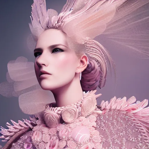 Prompt: a majestic woman wearing an intricate and detailed armor made of candy floss. layers. textures. delicate. elaborate. translucent. soft. ethereal. fragile. vulnerable. studio portrait. photorealistic. octane render