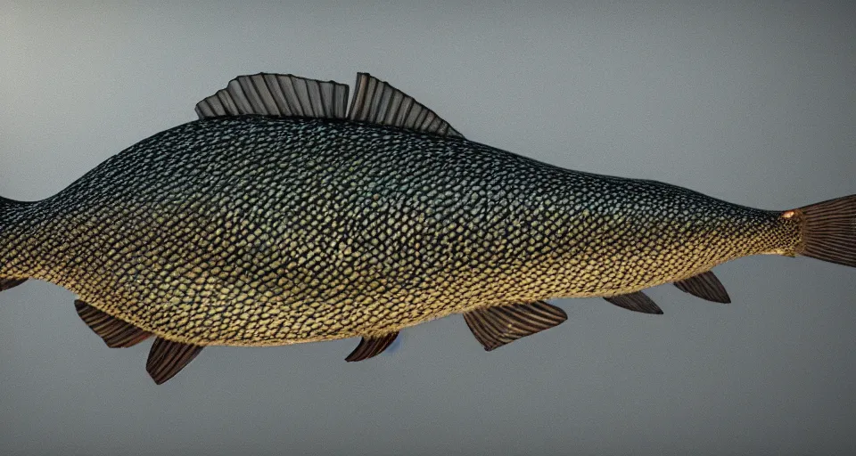 Image similar to a beautiful painting of a northern pike, octane render, intricate, ultra wide angle, trending on artstation, daylight, volumetric lighting, ray lighting from top of frame, crepuscular ray lighting from above, dynamic lighting, muted colors, polished, micro details, ray tracing, 8 k