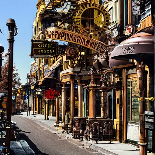 Image similar to streetview of a steampunk city.
